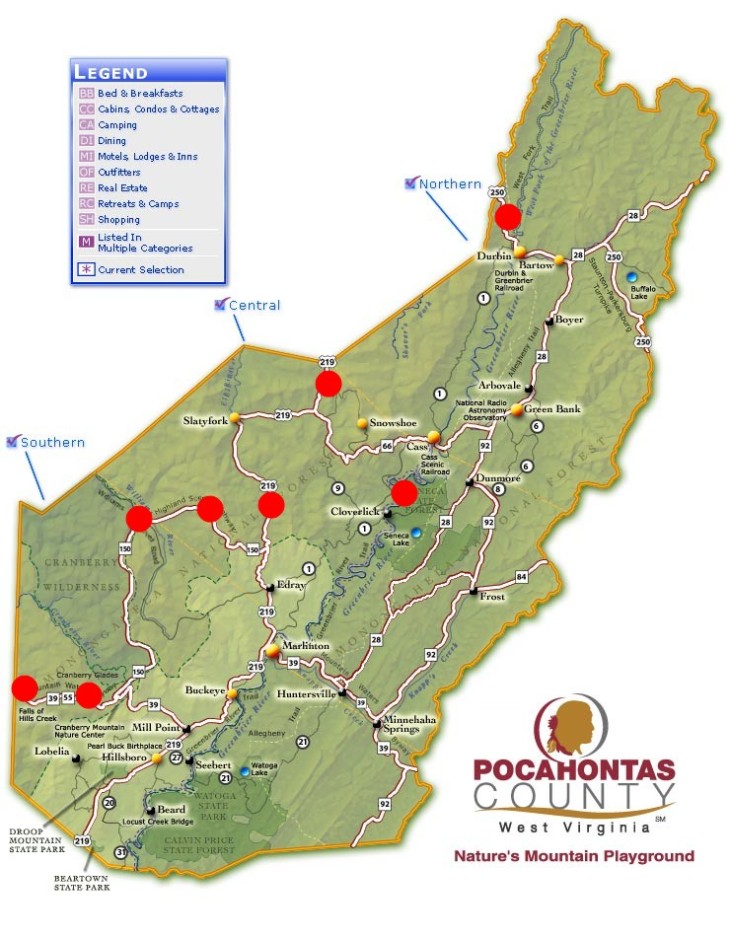 Map provided by Pocahontas County CVB